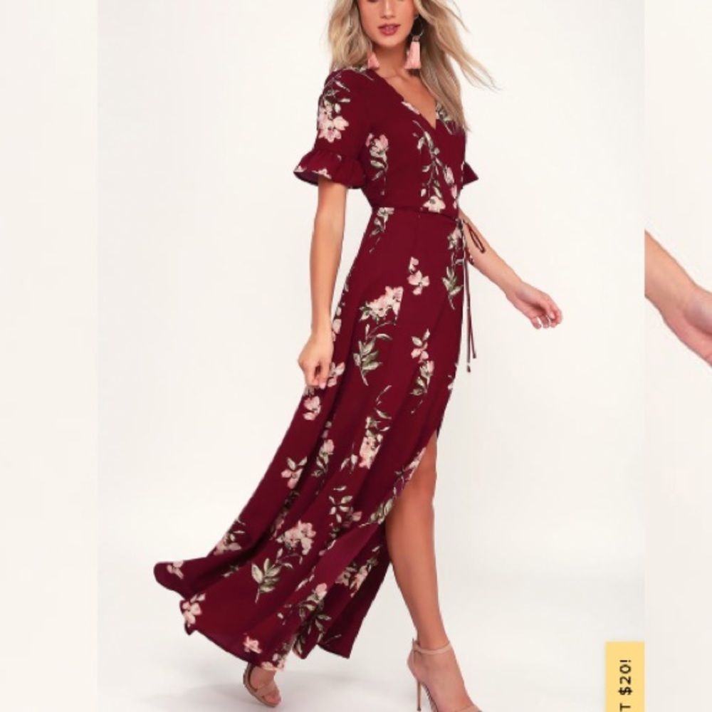 Lulu’s September Sunsets Burgundy Floral Print Wrap Maxi Dress
